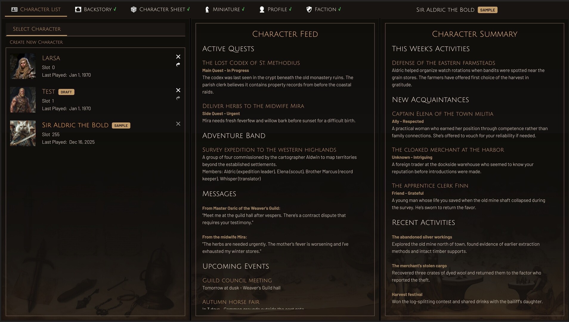 Active Quests & Character Feed