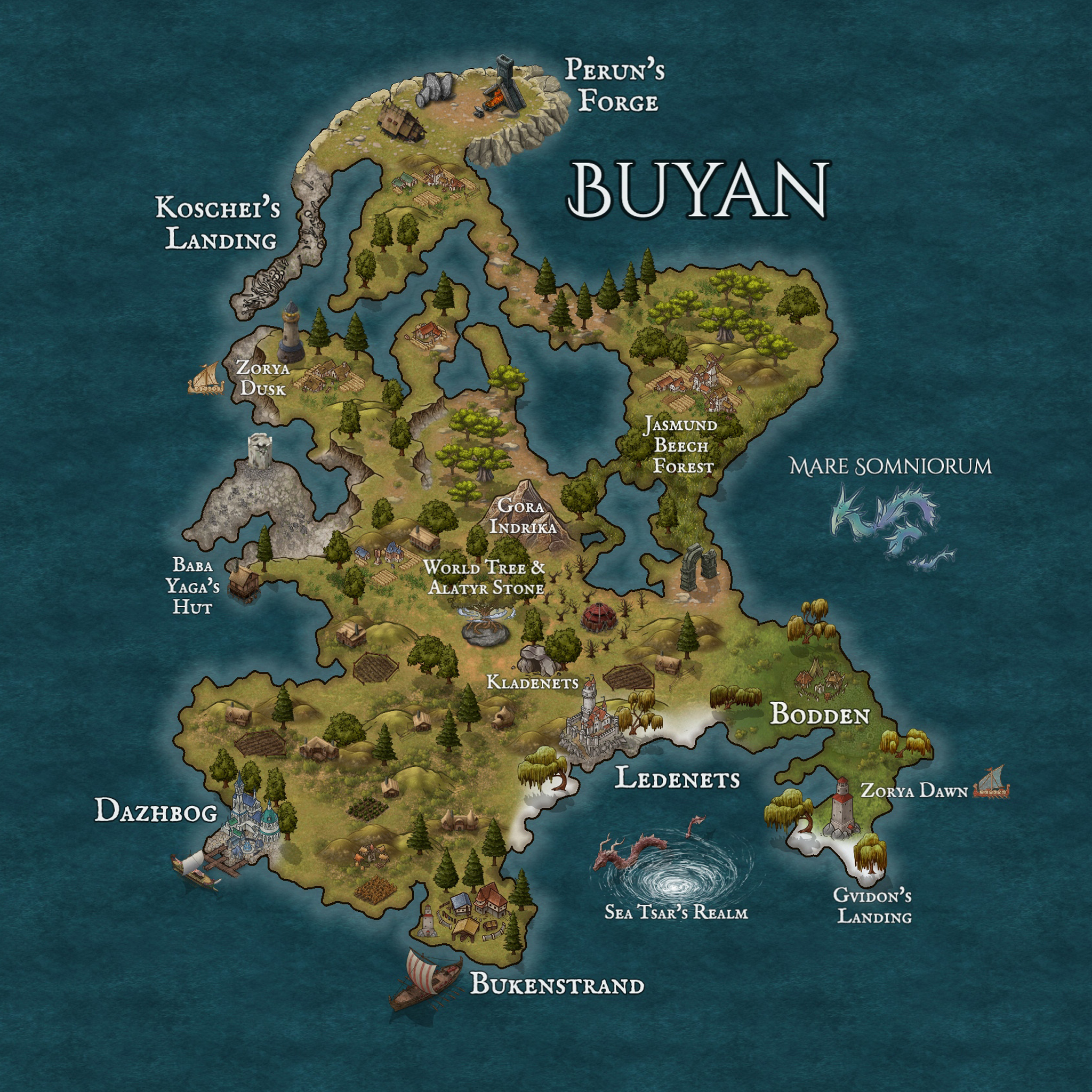 Map of the island of Buyan, showing Bukenstrand on the southern coast, the World Tree and Alatyr Stone at its heart, and Koschei's Landing to the northwest