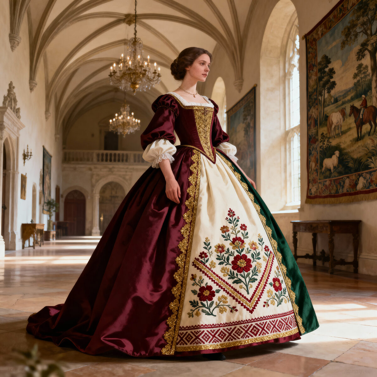 Noblewoman Ballgown Vaulted Gallery Tapestries