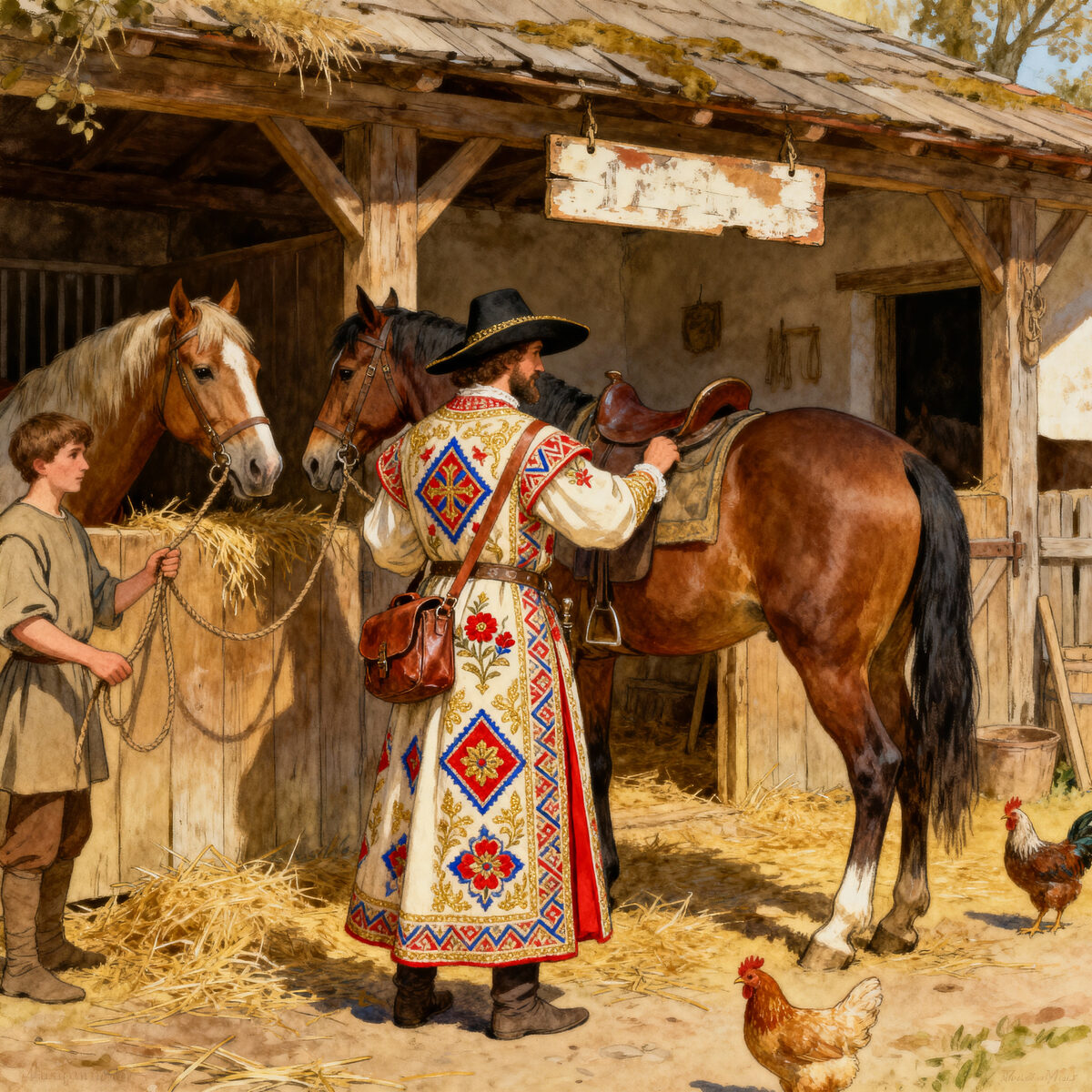 Traveler Saddling Horse Stable Boy