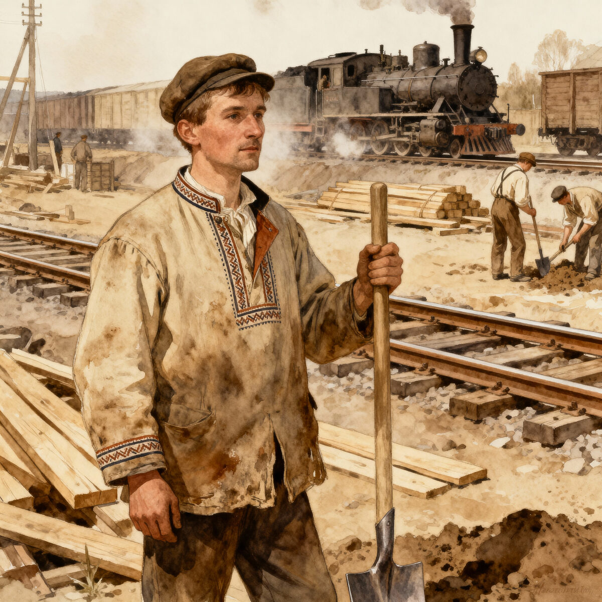 Railroad Worker Shovel Steam Locomotive